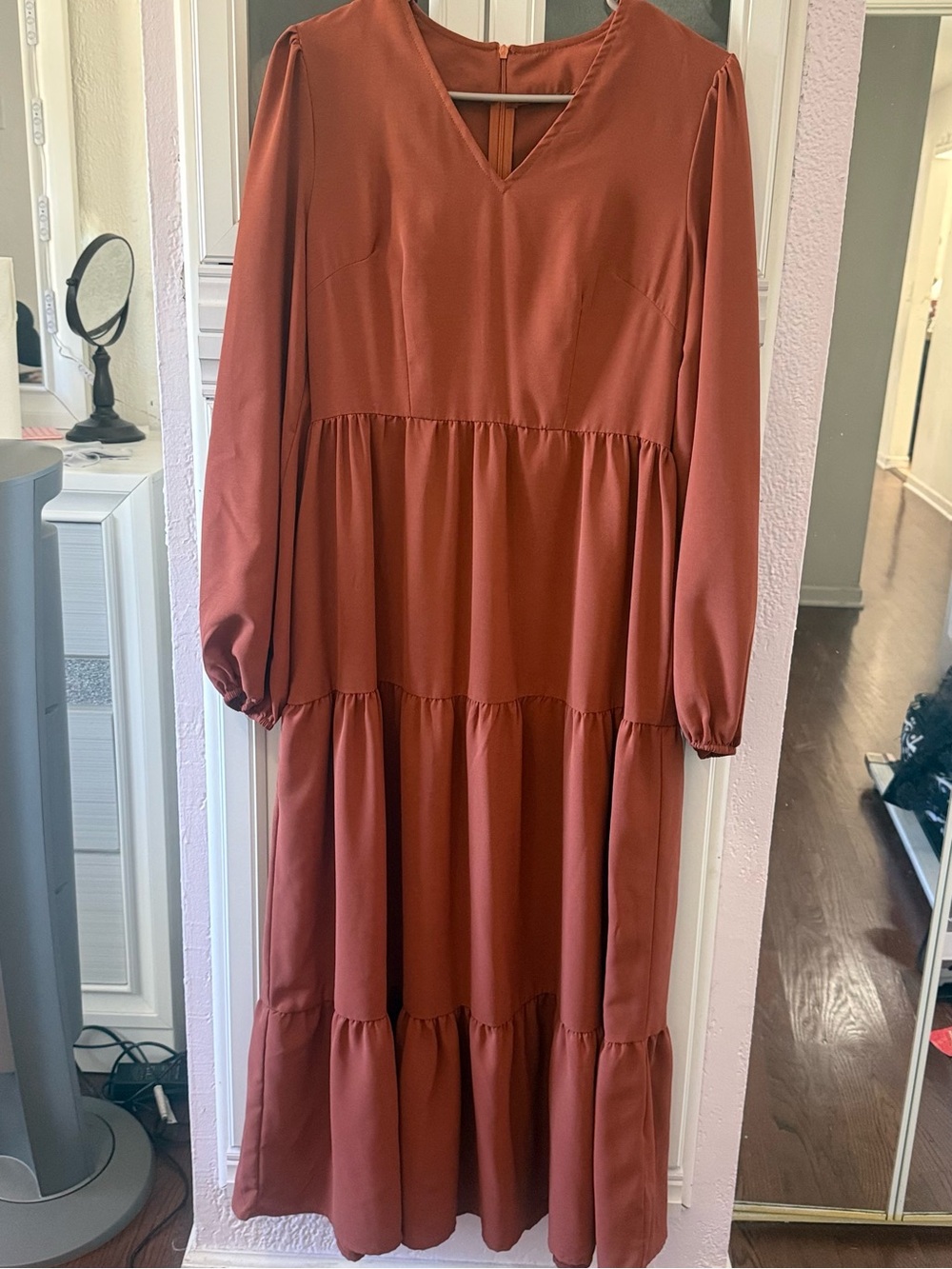 Rust Tiered Long Sleeve V-Neck Maxi Dress